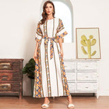 Cinessd - New Women Summer Boho Long Dress White Fashion Tribal Print Batwing Half Sleeve Belted Kaftan Holiday Style Maxi Dresses