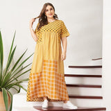 Cinessd - Women's Summer Long Dress Loose Dot Striped Plaid Patchwork Maxi Dress Casual O Neck Short Sleeve Plus Size Dresses