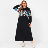Cinessd - College Casual Style Hooded Long Color Letter Printing Stitching Loose Long Sleeve Black Thin Sweater Woman Dress