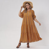 Cinessd - Plus Size Yellow Geometry V-neck Half Flared Sleeves Button A-line Loose Bohemian Style Maxi Dresses