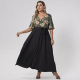 Cinessd - Summer Maxi Dress Women Plus Size Green And Black Loose Floral Print Belt Half Sleeve V-neck Holiday Casual Large Robes