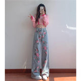 dream clothes Sweet Retro Printed Jeans for Women New Design Sense Niche Loose High Waist Slimming Hot Girl Straight Wide Leg Pants