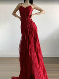 Cinessd Sexy Mermaid Spaghetti Straps Red Chiffon Ruffles Birthday Dresses Long Prom Dress SD1160