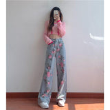 dream clothes Sweet Retro Printed Jeans for Women New Design Sense Niche Loose High Waist Slimming Hot Girl Straight Wide Leg Pants