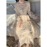 harajuku dress to impress Gentle Style Fairy Temperament Dress Autumn New French Court Style Lace Stitching Lantern Sleeve Square Collar Fairy Midi Dress