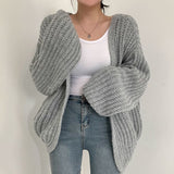 outfit inspo Chic Autumn Lazy Style V-neck Versatile Loose Casual Solid Color Lantern Sleeve Knitted Cardigan Sweater Coat