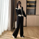 business casual outfits Fall  Internet Celebrity Casual Fashion Professional Two-Piece Suit Black Knitted Top Wide Leg Pants for Women