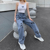 picture day outfit highschool New Slimming Butterfly Print Draping Mop Straight Jeans for Women