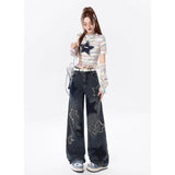 streetwear men outfits Star Denim Overalls Women's Autumn American Retro High Street Draping High Waist Loose Straight Wide Leg Long Pants Fashion