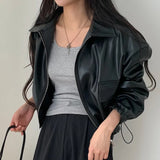 business casual outfits Chic Autumn Niche Lapel Double Open Zipper Design Large Pocket Loose Leather Coat for Women