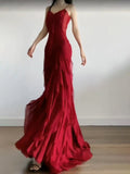 Cinessd Sexy Mermaid Spaghetti Straps Red Chiffon Ruffles Birthday Dresses Long Prom Dress SD1160