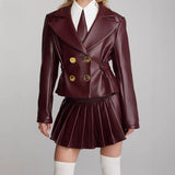 2000s fashion 2024 Spring and Autumn Sexy Wine Red Short Jacket Pleated Skirt Suit Suit Collar Sweet and Spicy Style