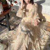 harajuku dress to impress Gentle Style Fairy Temperament Dress Autumn New French Court Style Lace Stitching Lantern Sleeve Square Collar Fairy Midi Dress