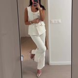 Cinessdshop business casual outfits Summer Sleeveless Elegant Vest High Waist Straight Pants Two-Piece Set