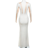 CINESSD LONG SLEEVE MESH BODYCON MAXI DRESS IN WHITE