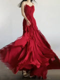 Cinessd Sexy Mermaid Spaghetti Straps Red Chiffon Ruffles Birthday Dresses Long Prom Dress SD1160