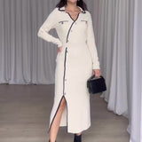 2000s fashion Autumn Fashion Contrast Color Polo Collar Sweater Long Sleeve Dress