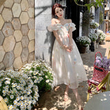 dresses Pink Strap Floral Dress Women's Summer French Elegant Fairy Princess Dress off-Shoulder Puff Sleeve Long Dress