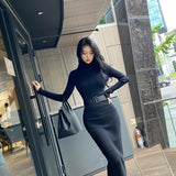 business casual outfits Korean Model Autumn and Winter Inner Wear Slim-Fit Belt Mid-Length over-the-Knee Knitted Bottoming Sheath Dress