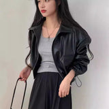 business casual outfits Chic Autumn Niche Lapel Double Open Zipper Design Large Pocket Loose Leather Coat for Women