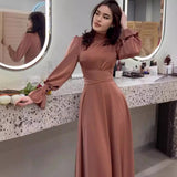 church outfit Autumn Satin Long Sleeve Elegant Women's Clothing Waist-Tight Dress