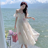 dresses Pink Strap Floral Dress Women's Summer French Elegant Fairy Princess Dress off-Shoulder Puff Sleeve Long Dress