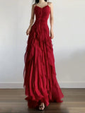 Cinessd Sexy Mermaid Spaghetti Straps Red Chiffon Ruffles Birthday Dresses Long Prom Dress SD1160