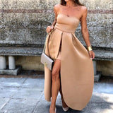 Cinessd - Off Shoulder Party Dress Women Solid Khaki Strapless Dress Elegant Back Zipper Slit Holiday Maxi Dresses High Slit Vestido Mujer