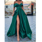 Cinessd - Off the Shoulder Emerald Green Satin Long Prom Dresses