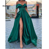 Cinessd - Off the Shoulder Emerald Green Satin Long Prom Dresses