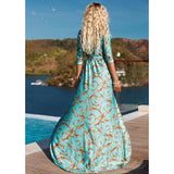 Cinessd - Retro print sashes long dress women Split high waist bohemian maxi dress Long sleeve summer beach dresses Robe femme