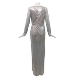 Cinessd - Ruched desiged sequined dress women long sleeve party dress Elegant split long maxi dresses autumn sequin robe femme