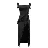 Cinessd - Ruffles Chiffon Maxi Dress For Women 2024 Backless Split Sexy Black Long Wedding Party Elegant Luxury Chic Female