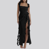 Cinessd - Ruffles Chiffon Maxi Dress For Women 2024 Backless Split Sexy Black Long Wedding Party Elegant Luxury Chic Female