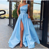 Cinessd - Off Shoulder Slit Floor Length Satin A Line High Waist Dress