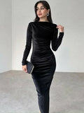 Cinessd Christmas Outfit 2024 Autumn Elegant O-neck Folds Mid-calf Velvet Dresses for Women Long Sleeve Tunics High Waist Bodycon Evening Party Dress