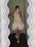 Cinessd Elegant White Sequins Feather Hem Mini Dress Women Sexy Off Shoulder Loose Halter Dresses 2024 New Shiny Female Party Vestidos