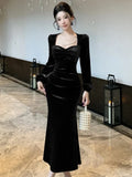 Cinessd Christmas Gfit Outfit Elegant Velvet Mermaid Dress French Hepburn Style Bodycon Evening Party Prom Womens Dresses Autumn Female Slim Waist Vestidos