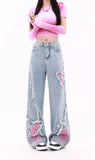 Cinessd Women's Blue Baggy Butterfly Jeans Vintage Cowboy Pants Harajuku Denim Trousers Aesthetic Y2k Oversize Trashy 2000s Clothes 2024