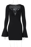 Cinessd V-Neck High Waist Patchwork Slim Long Sleeve Mini Dress