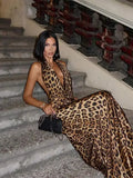 Cinessd Women Elegant Leopard Print Lace-up Halter Dress Sexy Backless Deep V-neck Slim Long Dresses 2024 New Lady High Street Partywear