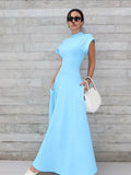 Cinessd Elegant Blue Shoulder Pad Short Sleeve Maxi Dress Women Fashion High Waist Split A-line Long Dresses 2024 New Lady Street Robes