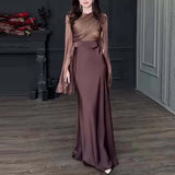 Cinessd Women's Patchwork High Waist Evening Dress Elegant Solid Color Party Long Dresses Fall Fashion O-Neck Slim Satin Dress New 2024