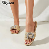 Cinessd Eilyken Summer Glitter Rhinestone Women Slippers Bright Diamond Flat Bottom Cane Crystal Sandals Beach Slides Shoes Zapatos muje