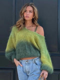 Cinessd Gradient Chic Sweater Women O-neck Loose Elegant Long Sleeve 2024 Autumn Pullover Fashion Street Backless Furry Jumper Tops