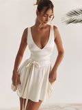 Cinessd  glam dresses   Solid Elegant Waist Bandage Mini Dress Women   Deep V-neck Sleeveless Pleated A-line Dresses Summer Lady White Beach Robe
