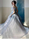 Cinessd 2025 Women Blue Tulle Layered Prom Dresses Slash Neck Flying Sleeve Quinceanera Dresses Female Long Evening Gowns