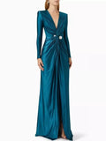 Cinessd Elegant Bridesmaid Dress Women 2024 New Solid Color Long Sleeves Deep V-Neck Tied Waist Pleated Party Evening Dresses