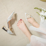 Cinessd Spring new white lace beaded tassel stiletto bridal wedding shoes rhinestone large size single shoes banquet dress women sandals