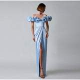 Cinessd - One-Shoulder Puff Sleeve Wrap Chest Slit Long Dress